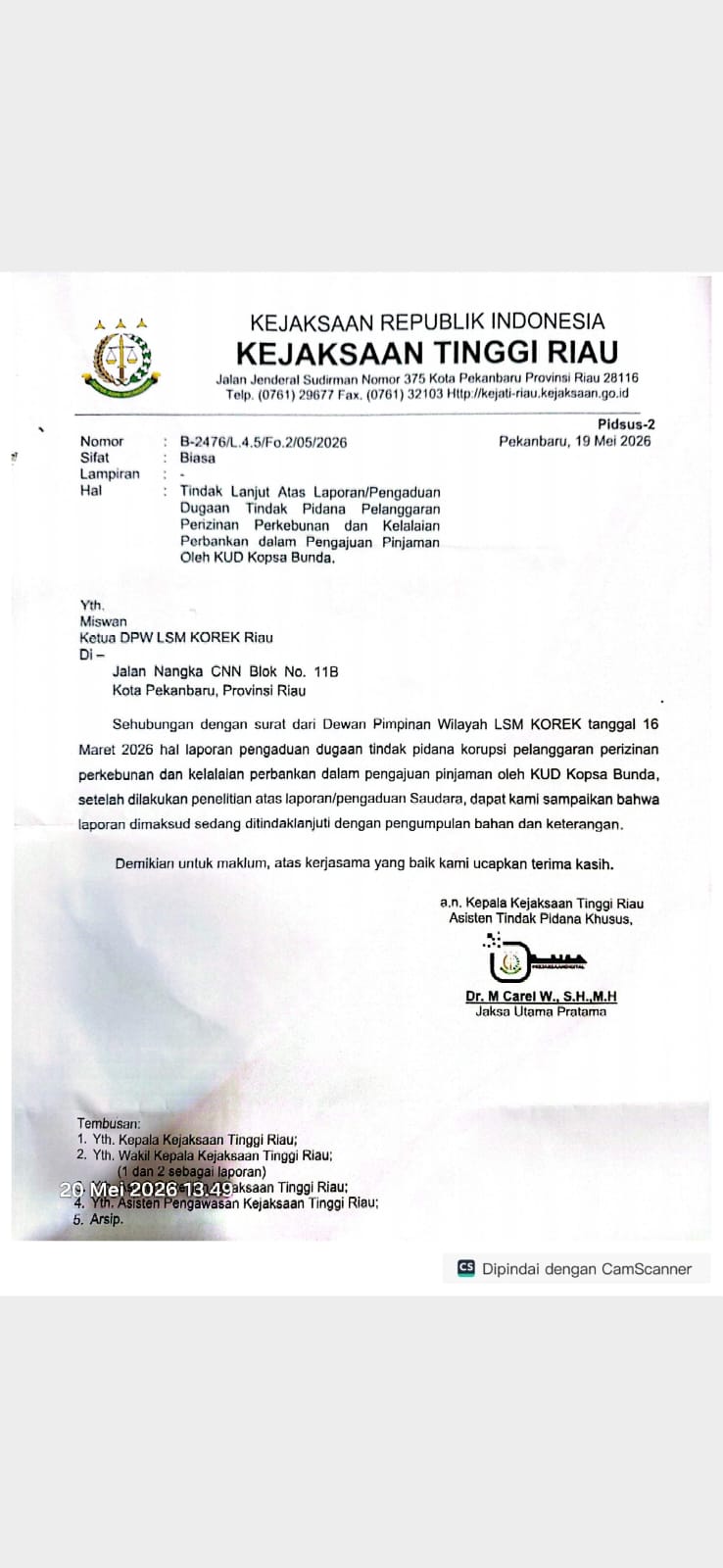 Kejati Riau Tindak Lanjuti Laporan Dugaan Korupsi Perizinan Perkebunan dan Kelalaian Perbankan KUD Kopsa Bunda