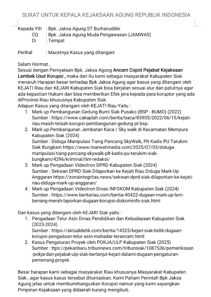 Beredar Surat Masyarakat Siak ke Kejagung, LSM Baladika Adiyaksa Nusantara Riau Nyatakan Siap Kawal