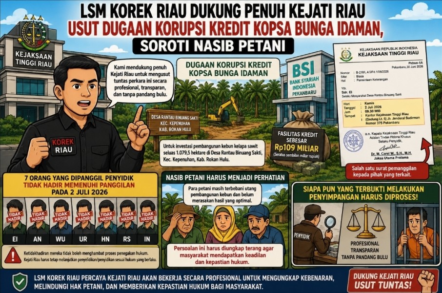 LSM KOREK Riau Dukung Kejati Usut Dugaan Korupsi Kredit Kopsa Bunga Idaman, Soroti Ketidakhadiran Pihak Yang Dipanggil dan Nasib Petani
