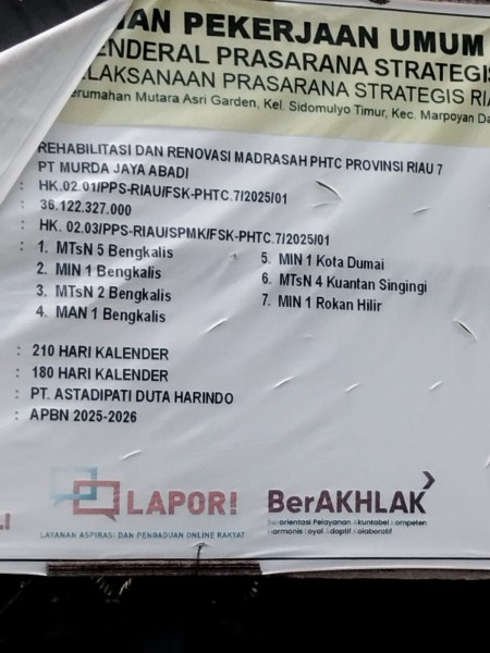 Diduga Tak Sesuai Spesifikasi, DJPS Kementerian PU Diminta Turun Tinjau Proyek Renovasi Madrasah Rp36,1 Miliar di Bengkalis