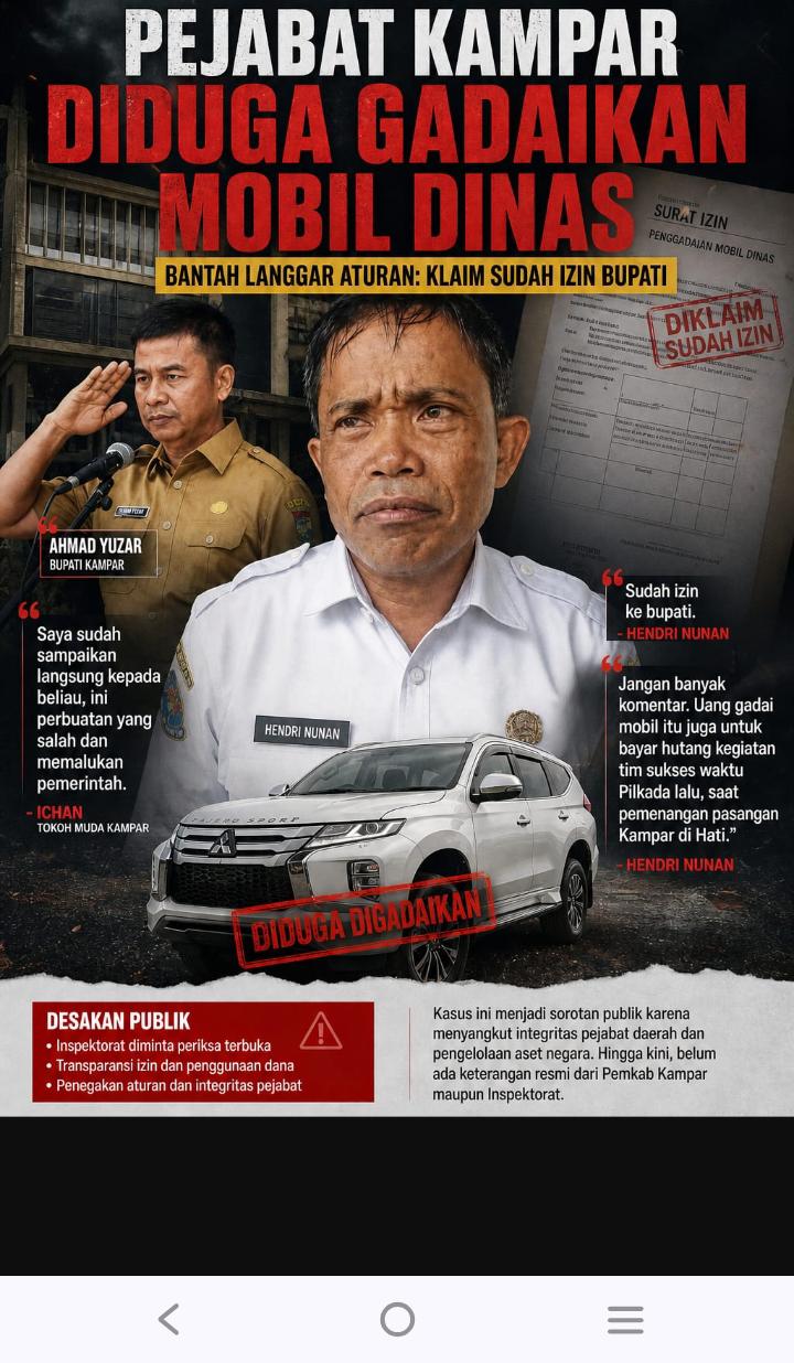 Hendri Dunan Diduga Gadaikan Mobil Dinas, Bantah Langgar Aturan: Klaim Sudah Izin Bupati