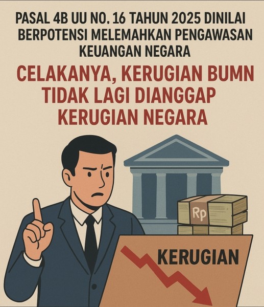 Pasal 4B UU No. 16 Tahun 2025 Dinilai Berpotensi Melemahkan Pengawasan Keuangan Negara: Celakanya, Kerugian BUMN Tidak Lagi Dianggap Kerugian Negara!
