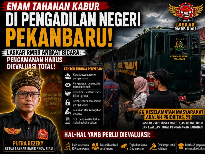 Enam Tahanan Kabur di PN Pekanbaru, Laskar RMRB Angkat Bicara: Pengamanan Harus Dievaluasi Total