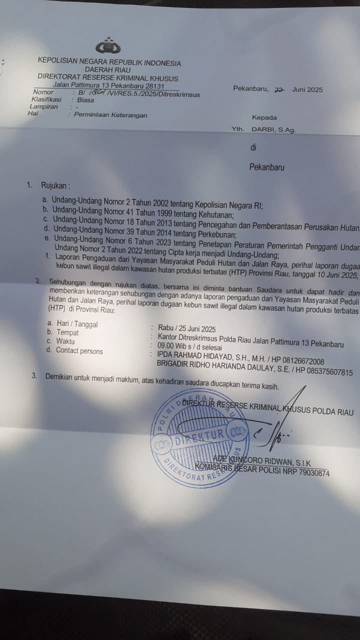 Yayasan MAPELHUT JAYA Resmi Laporkan Po Kui ke Polda Riau, Diduga Kuasai Areal Konservasi Tahura SSH